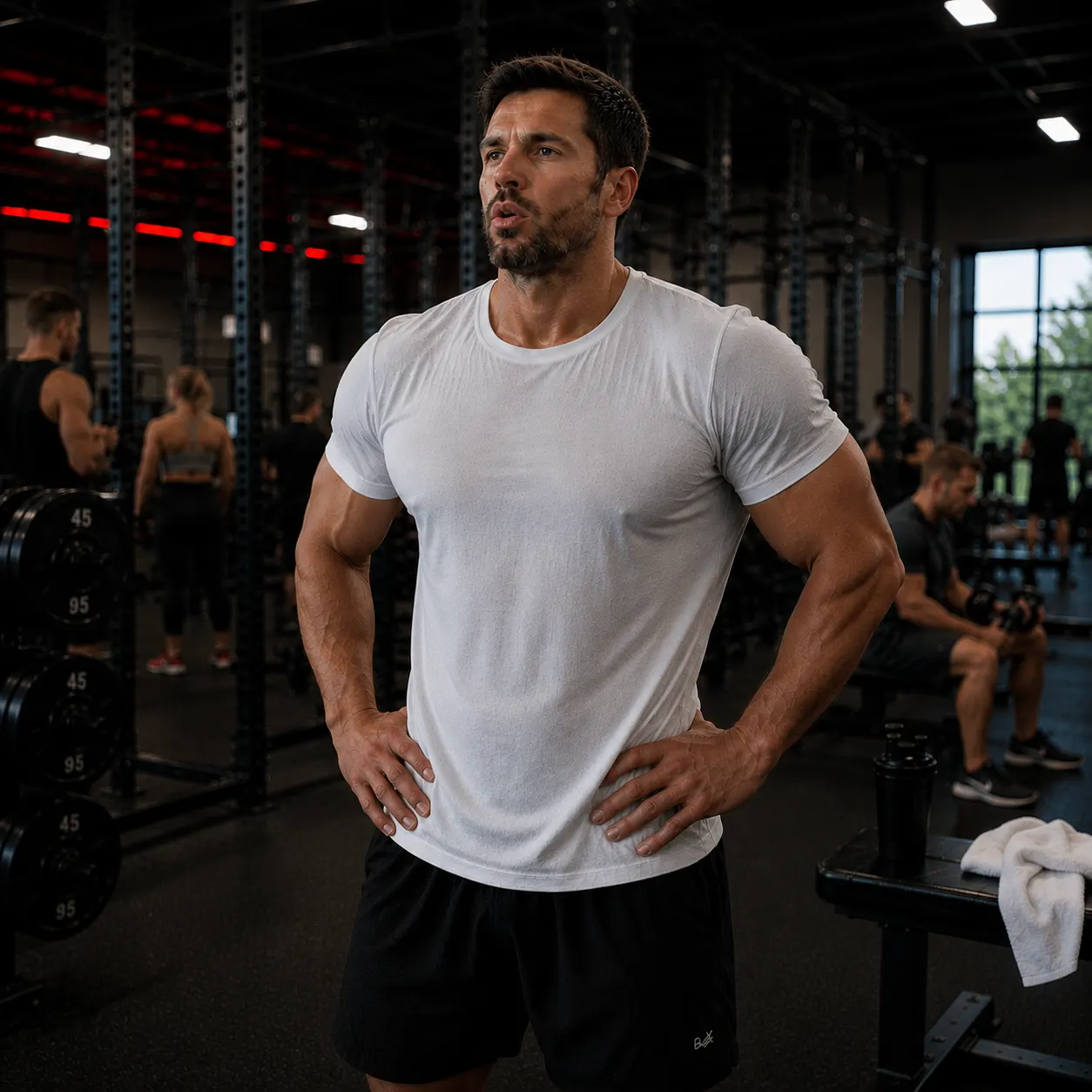 Exhausted man pausing between sets in the gym
