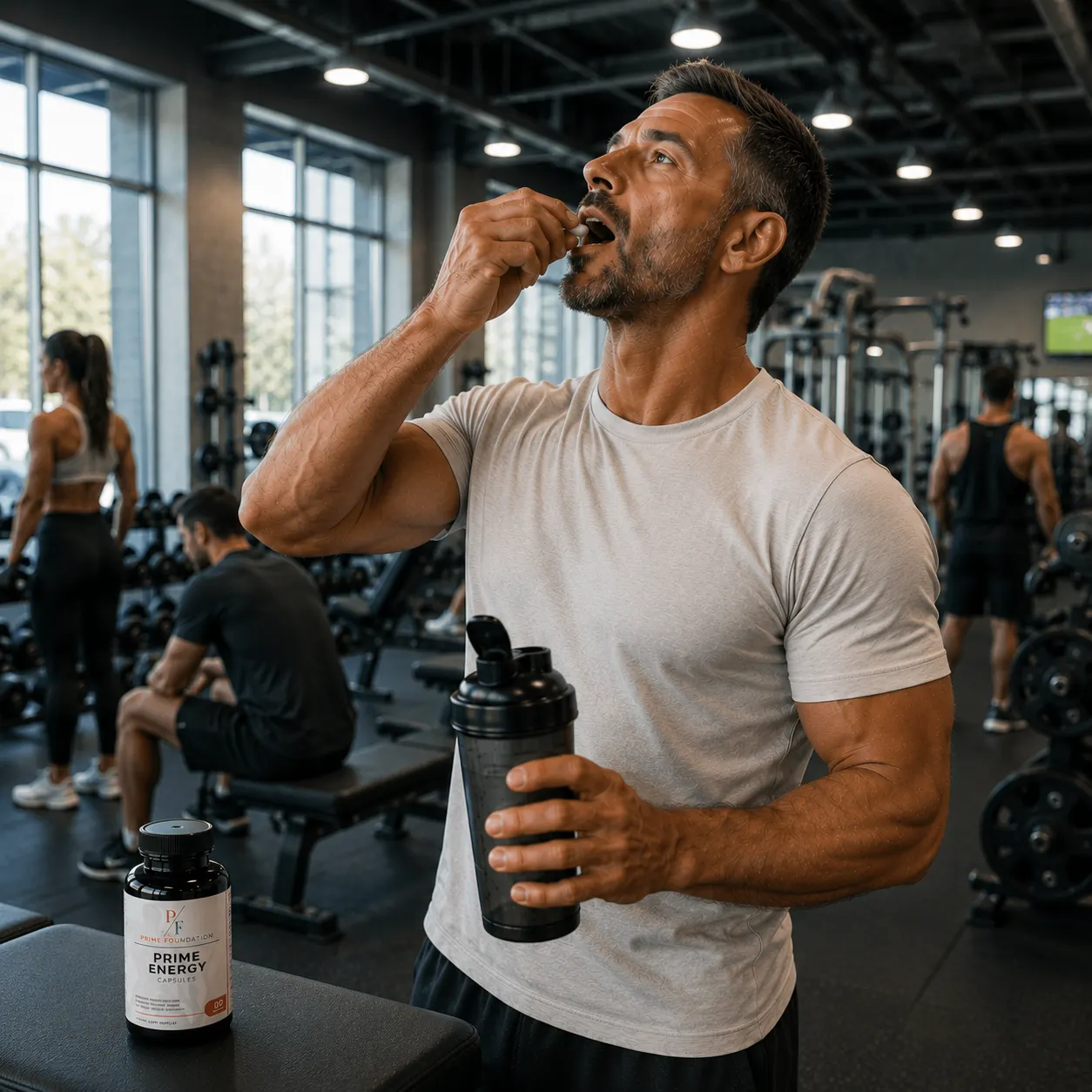 Man taking Prime Energy capsule in the gym with shaker bottle