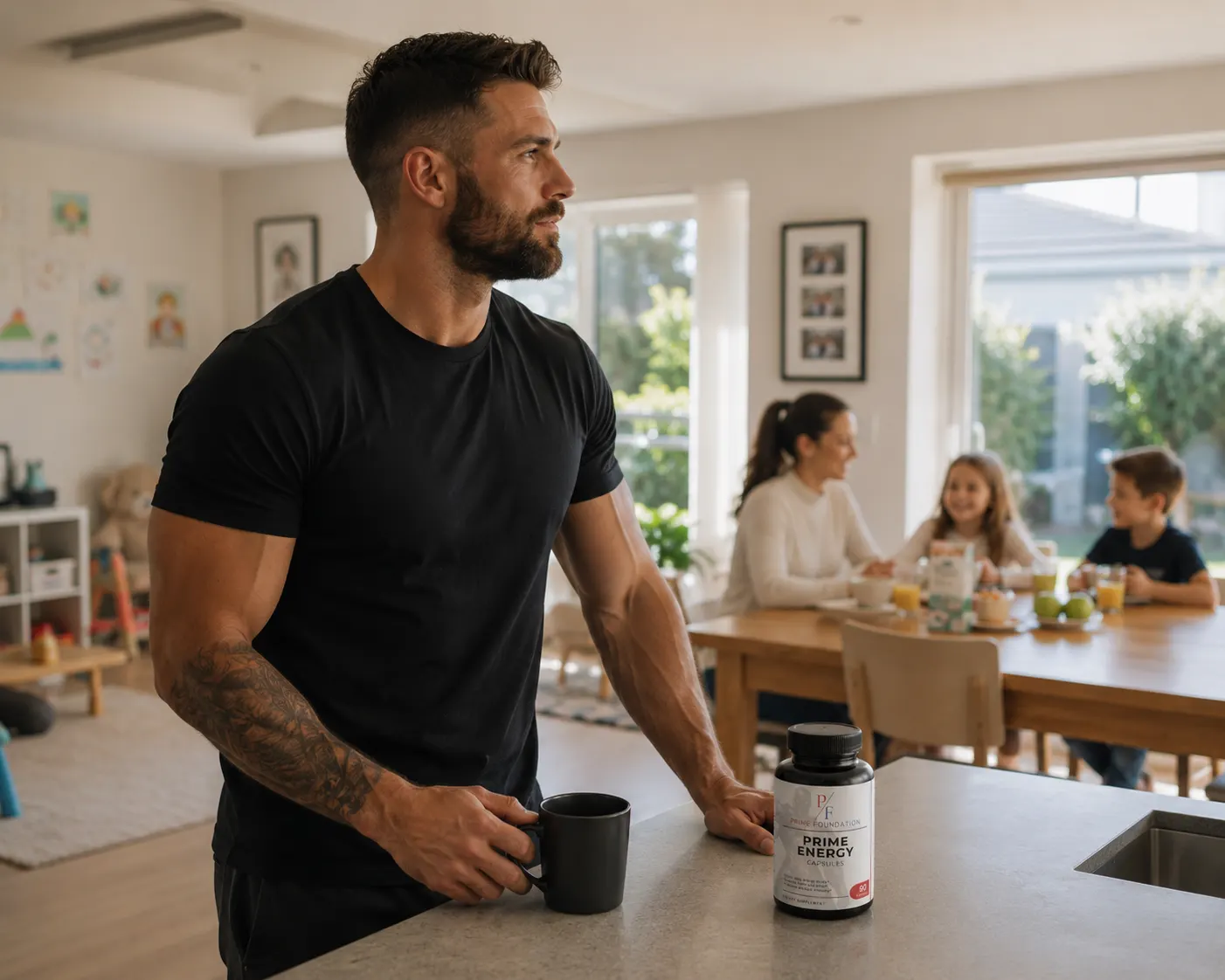 Man in his 40s drinking morning coffee in a dark kitchen wearing a hoodie