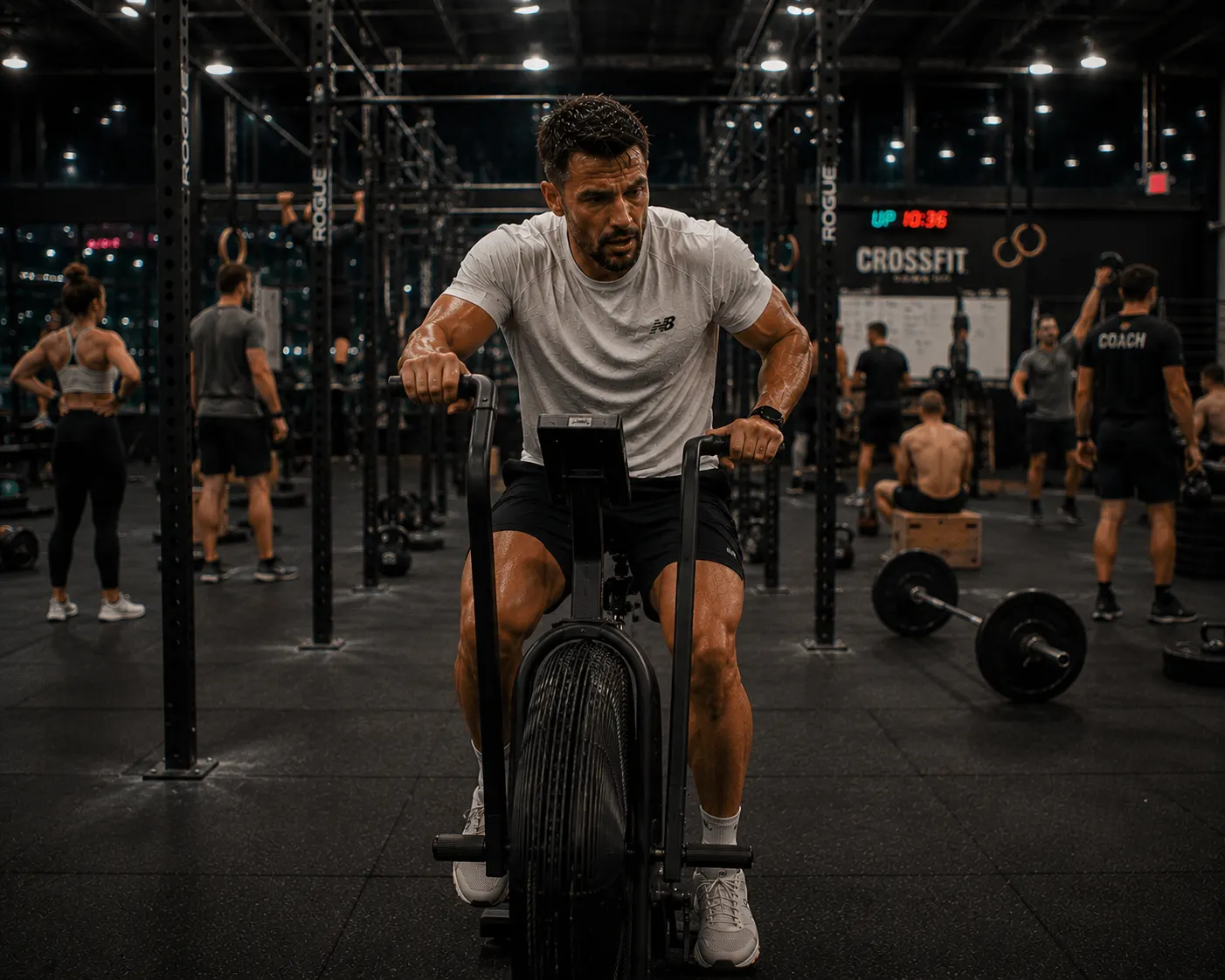 Man in his 40s preparing for training in a garage gym
